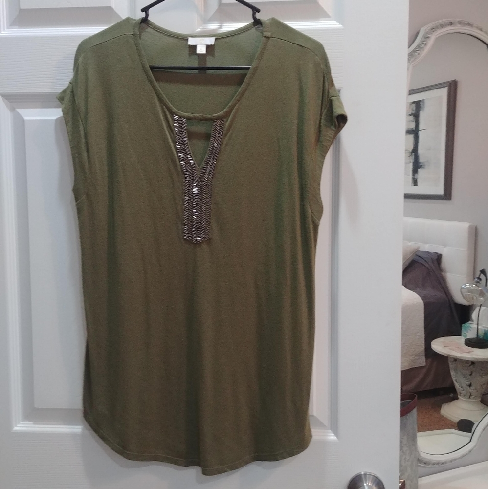 Charming Charlie olive embellished tunic Scoop Neck oversize top fits medium